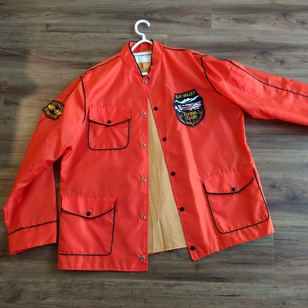 Vintage Nylon Snap Jacket Elk Valley Flying Club 52" Chest Orange